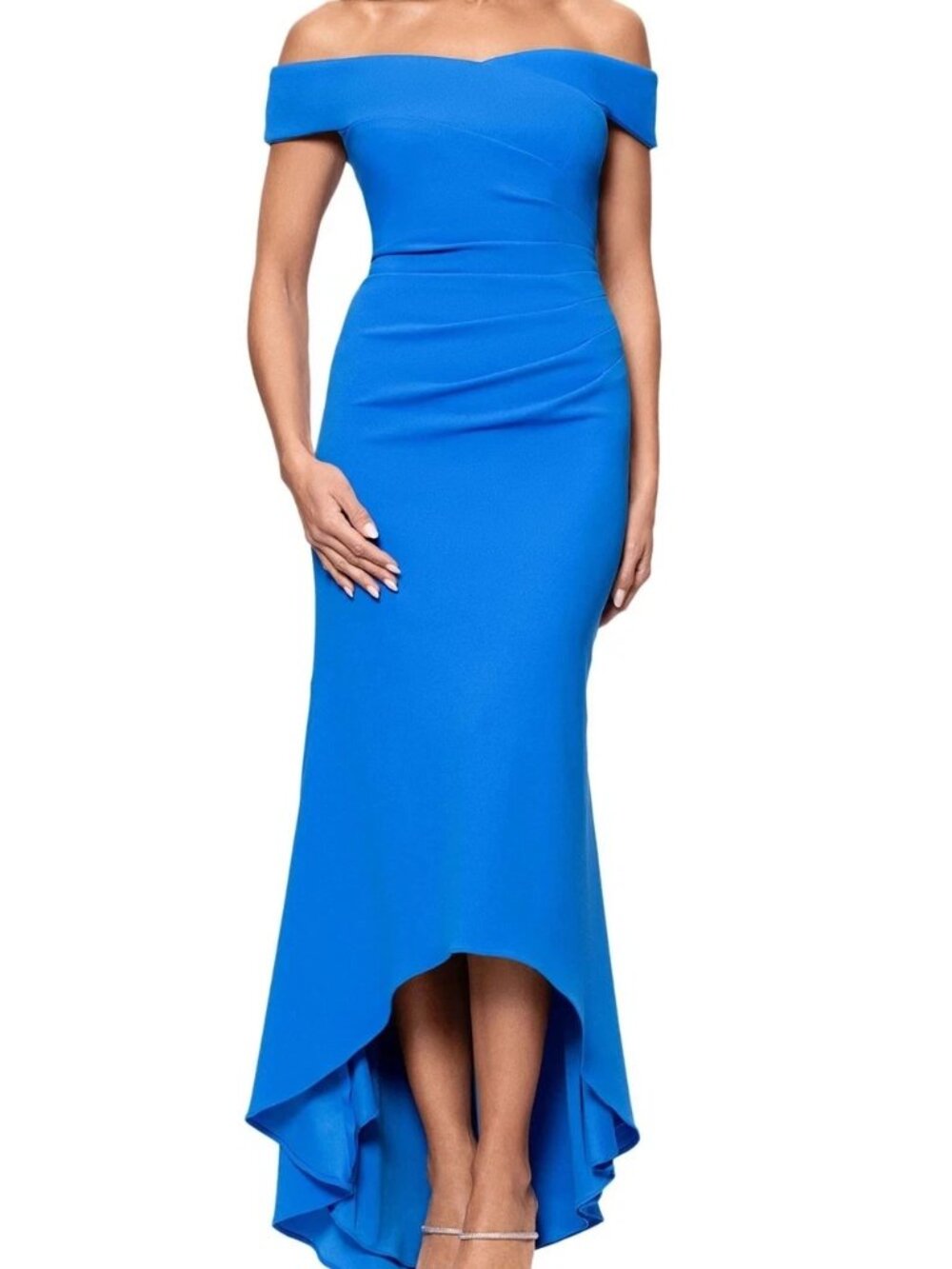 Xscape Bright Blue Off The Shoulder High Low Dress